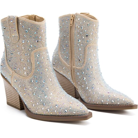 ✨Sparkle Champagne Ankle Boots🍾💎 Rhinestone Pointed Bling✨👢Western Heel Boots👢🌟 - Picture 2 of 6